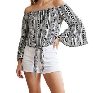 Elan Boho Tie Front Flutter Sleeve Crop Top Cream Black Rayon S Coastal Chic